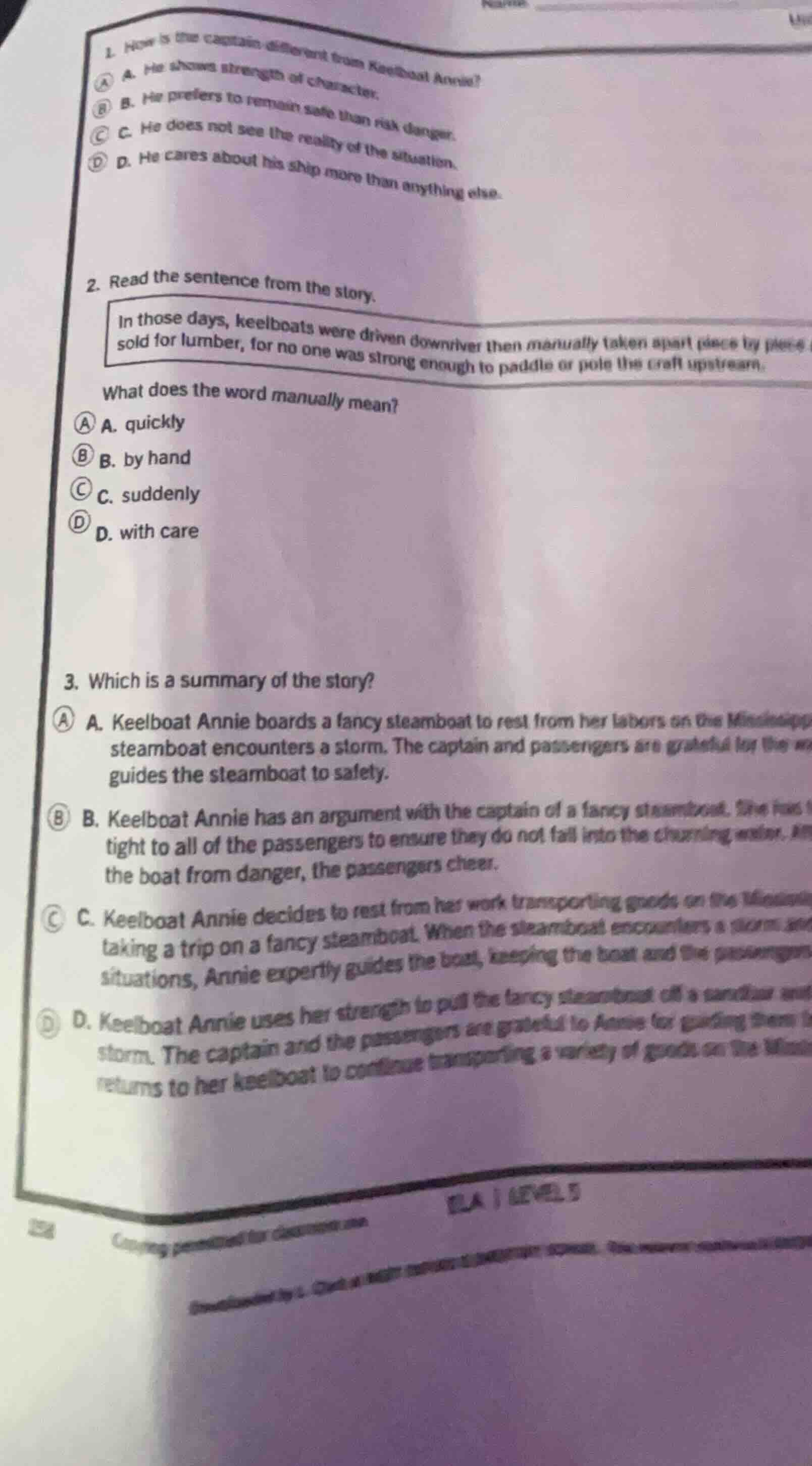 1. how is the captain different from keelboat annie? a. he shows streng…
