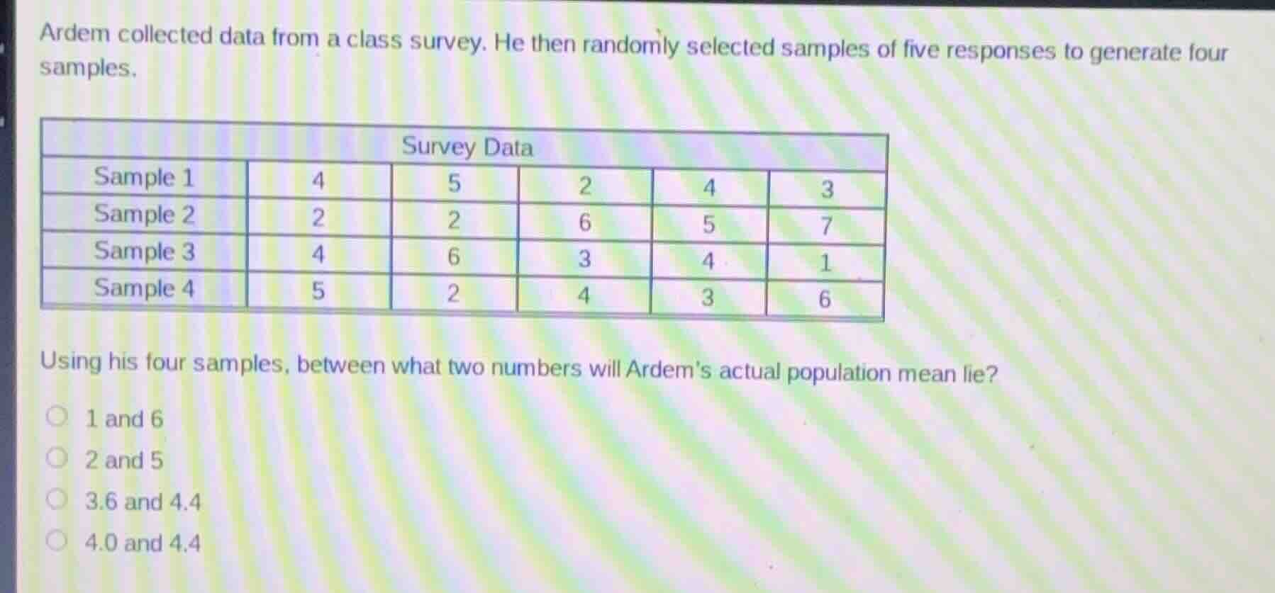 ardem collected data from a class survey. he then randomly selected sam…