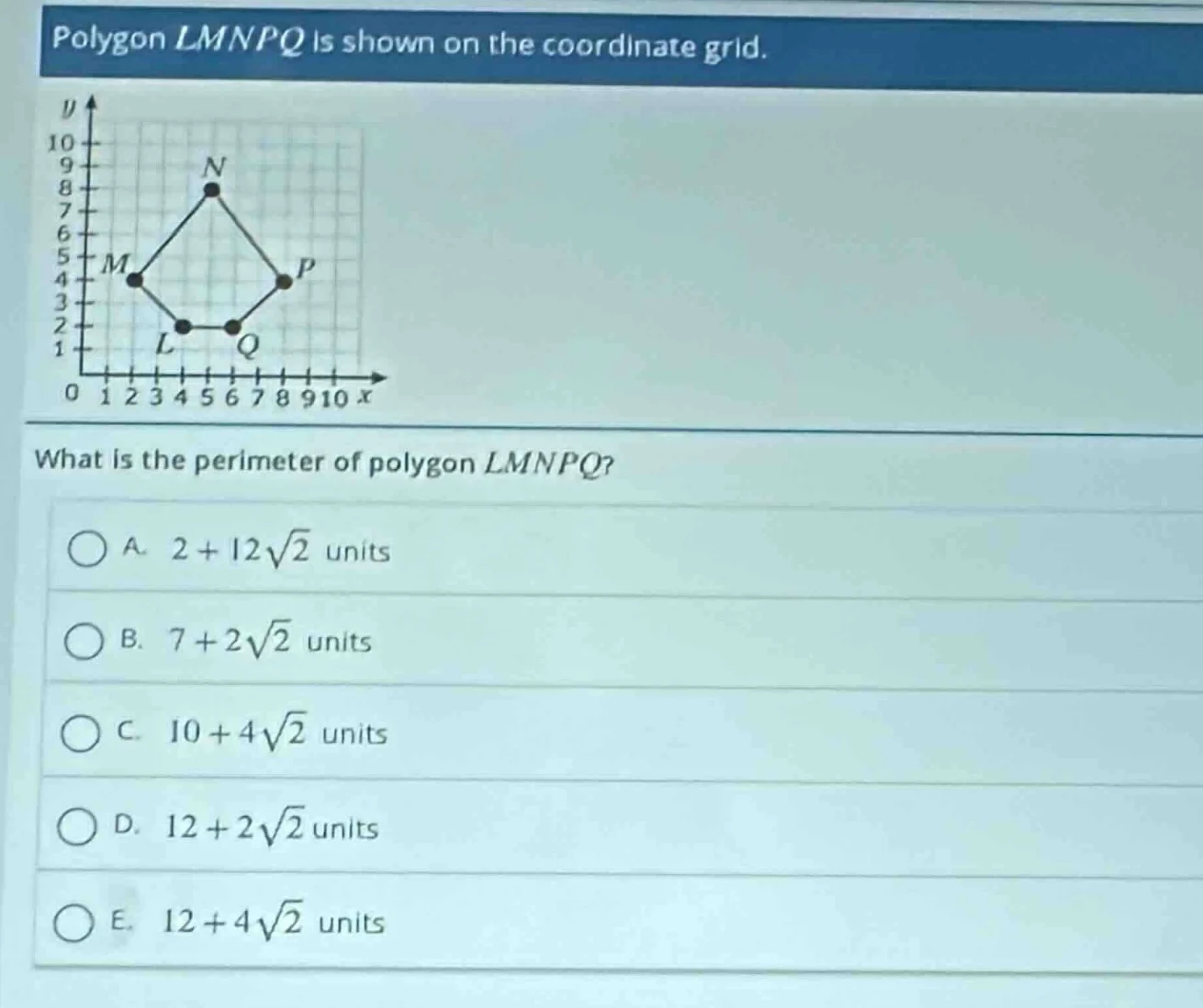 polygon lmnpq is shown on the coordinate grid. what is the perimeter of…