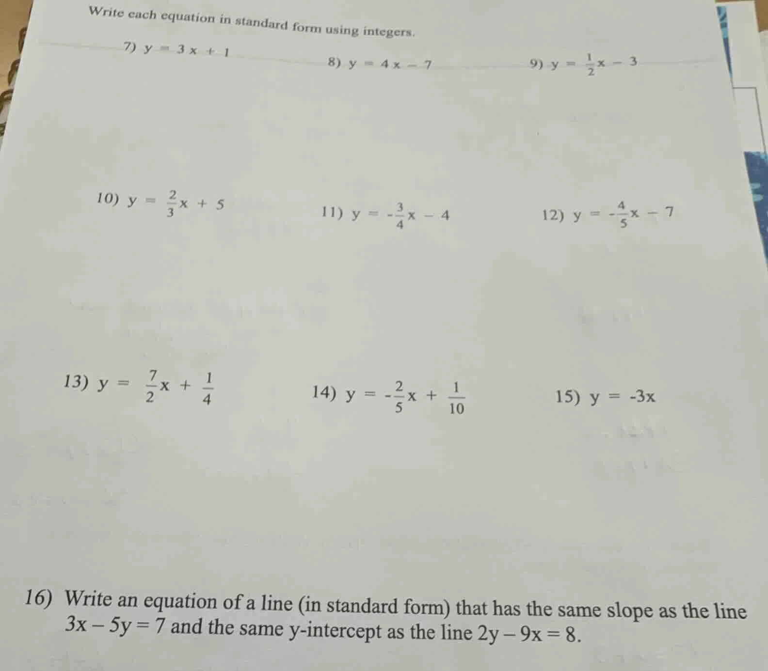 write each equation in standard form using integers. 7) $y = 3x + 1$ 8)…