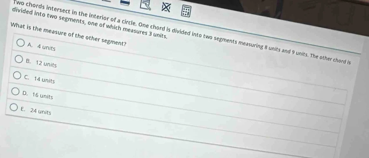 two chords intersect in the interior of a circle. one chord is divided …