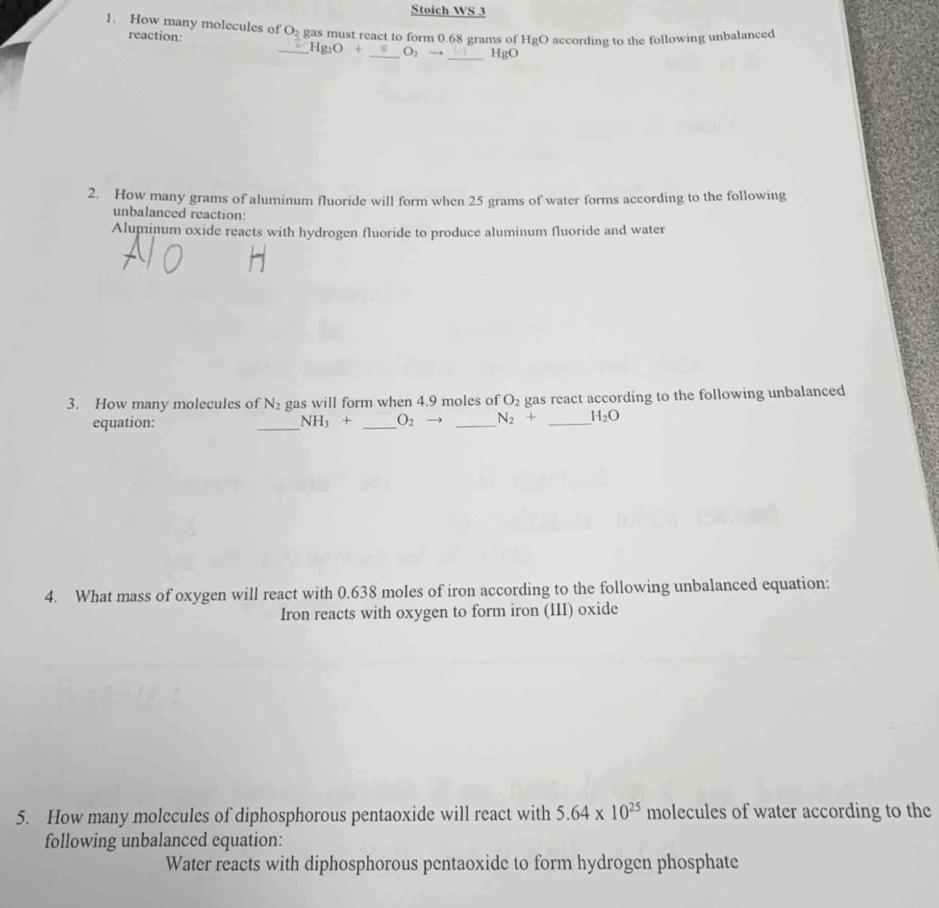 stoich ws 3 1. how many molecules of o₂ gas must react to form 0.68 gra…