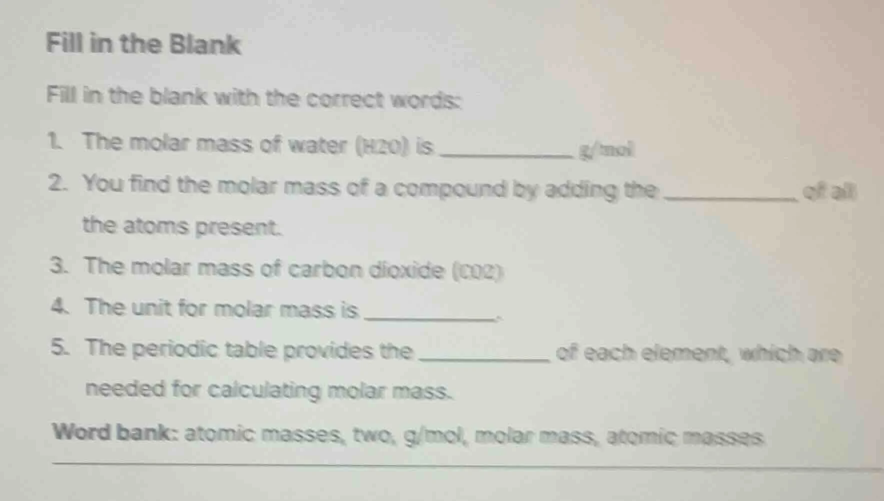 fill in the blank fill in the blank with the correct words: 1. the mola…