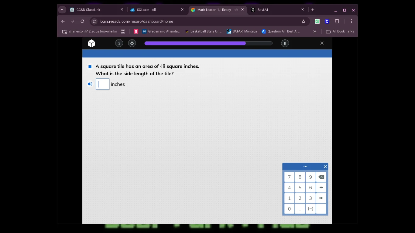 a square tile has an area of 49 square inches. what is the side length …