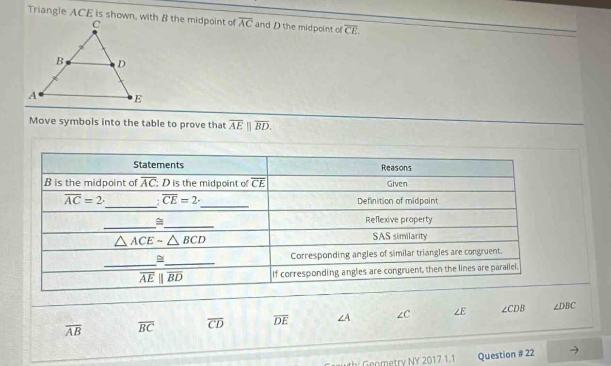 triangle ace is shown, with b the midpoint of \\(\\overline{ac}\\) and …