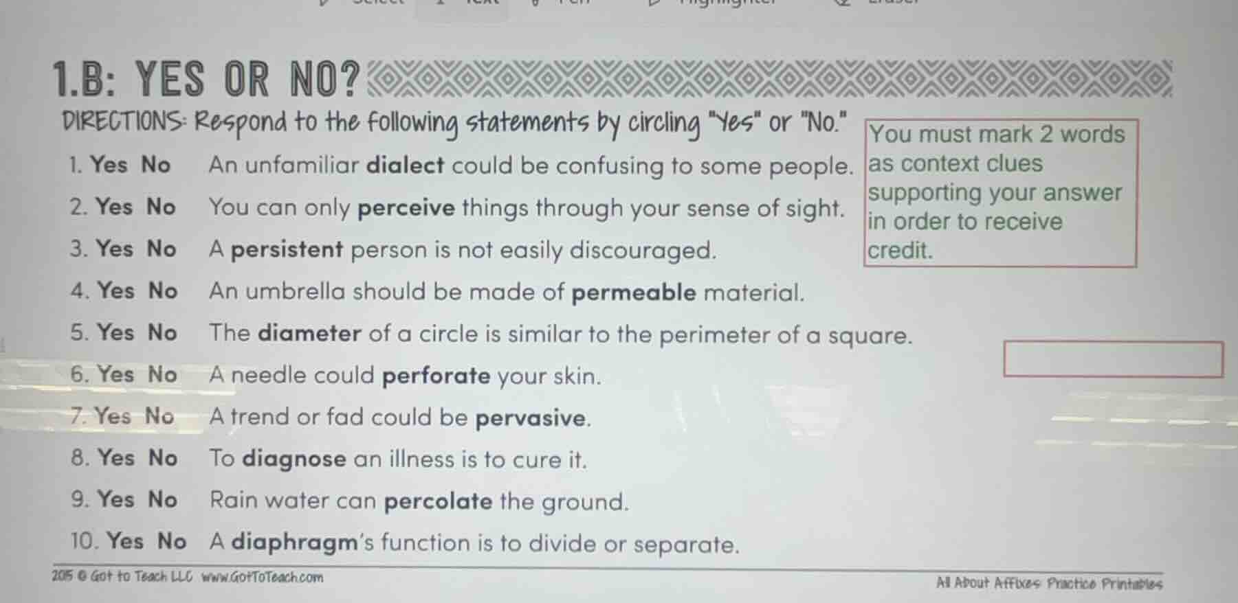 1.b: yes or no? directions: respond to the following statements by circ…
