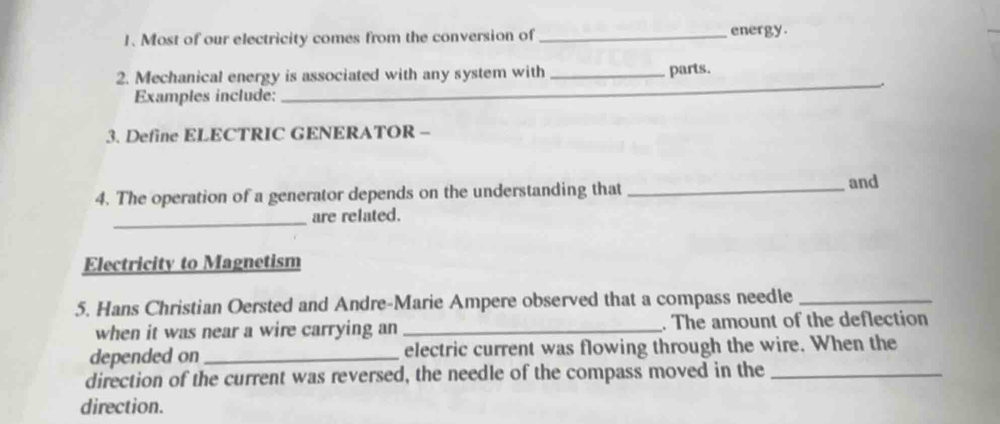 1. most of our electricity comes from the conversion of _______________…