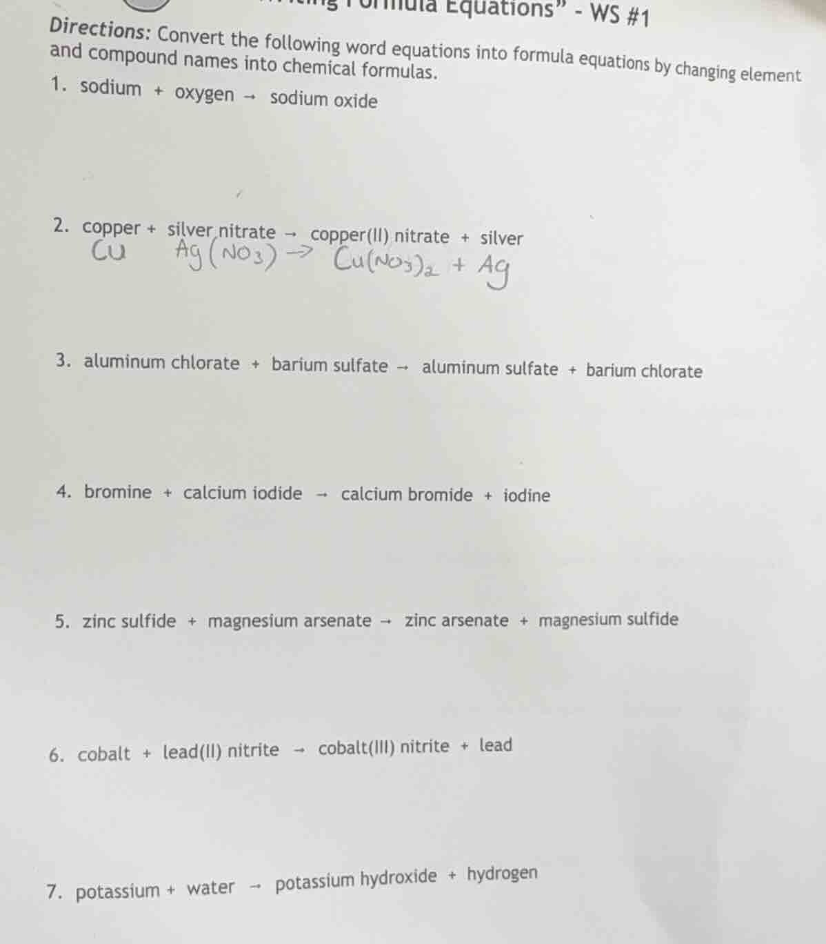 equations” - ws #1 directions: convert the following word equations int…