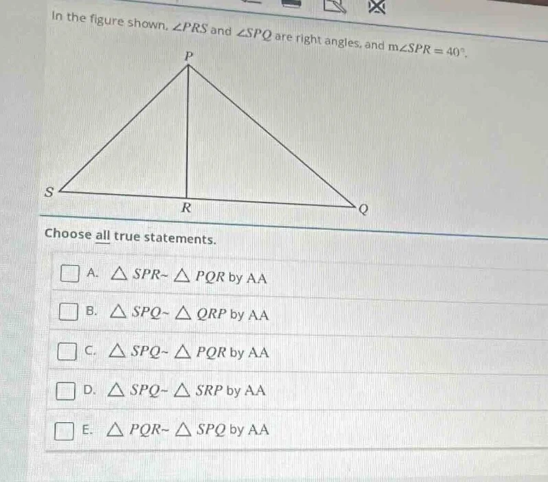 in the figure shown, $\\angle prs$ and $\\angle spq$ are right angles, …