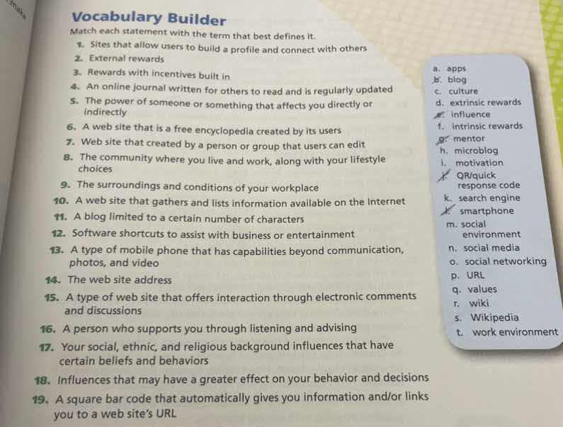 vocabulary builder match each statement with the term that best defines…