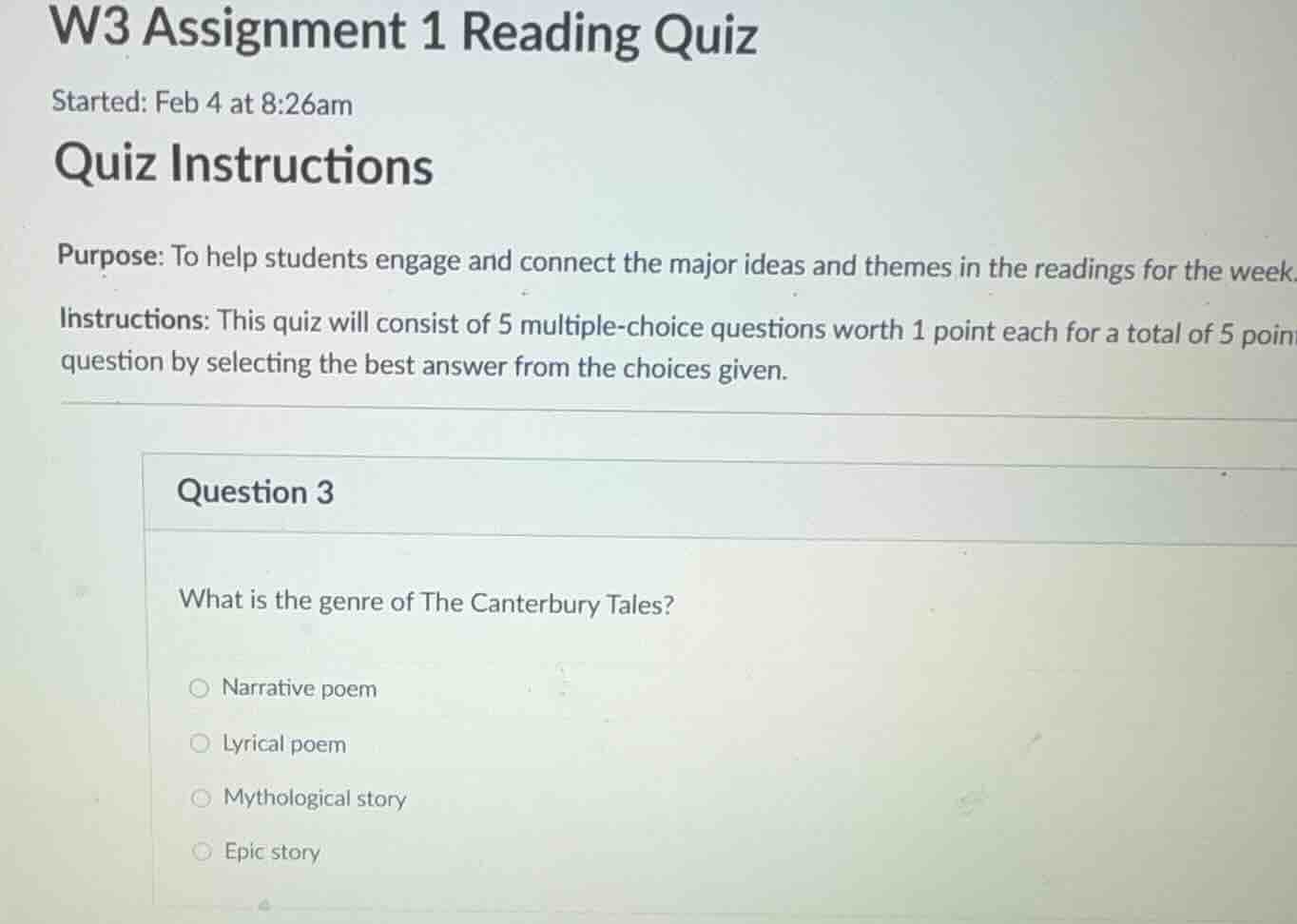 w3 assignment 1 reading quiz started: feb 4 at 8:26am quiz instructions…