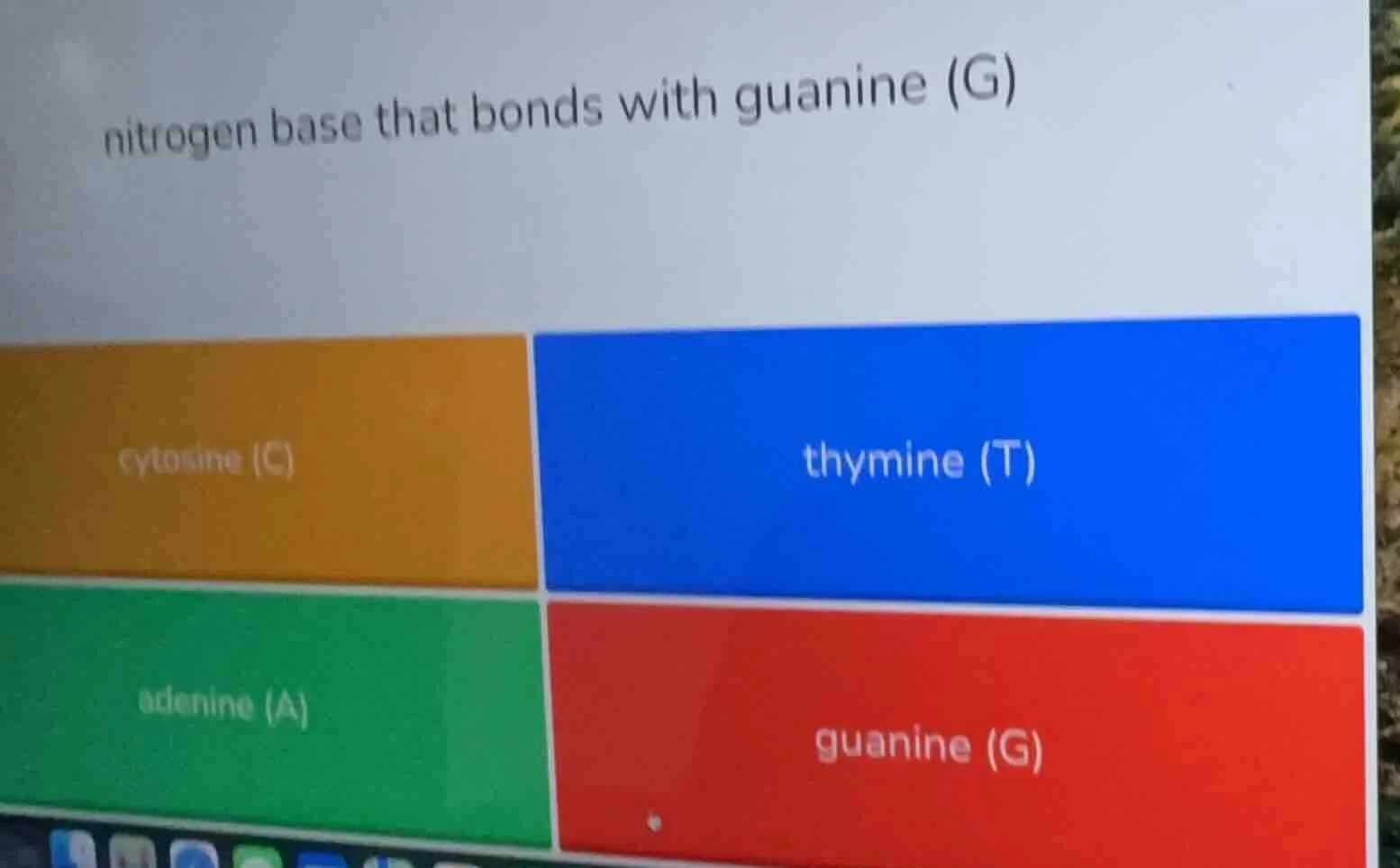 nitrogen base that bonds with guanine (g) cytosine (c) thymine (t) aden…
