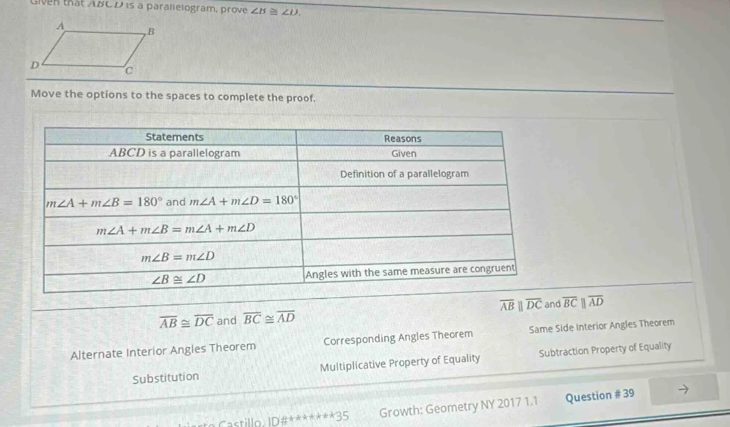 given that abcd is a parallelogram, prove $\\angle b \\cong \\angle d$.…