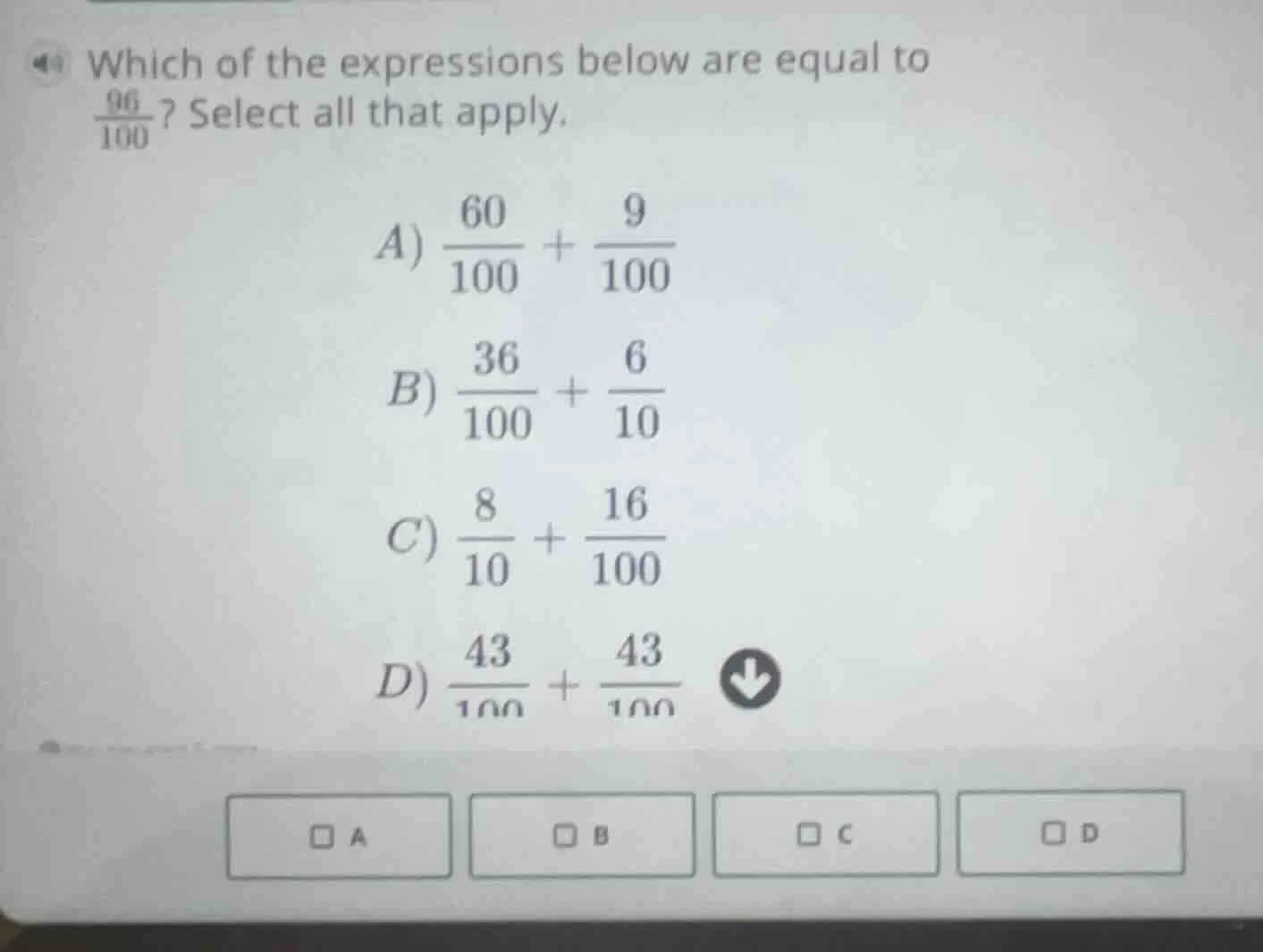 which of the expressions below are equal to \\(\frac{96}{100}\\)? selec…