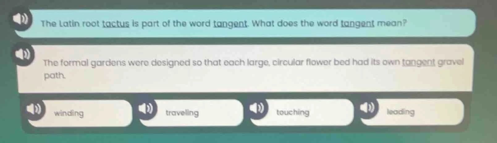 the latin root tactus is part of the word tangent. what does the word t…