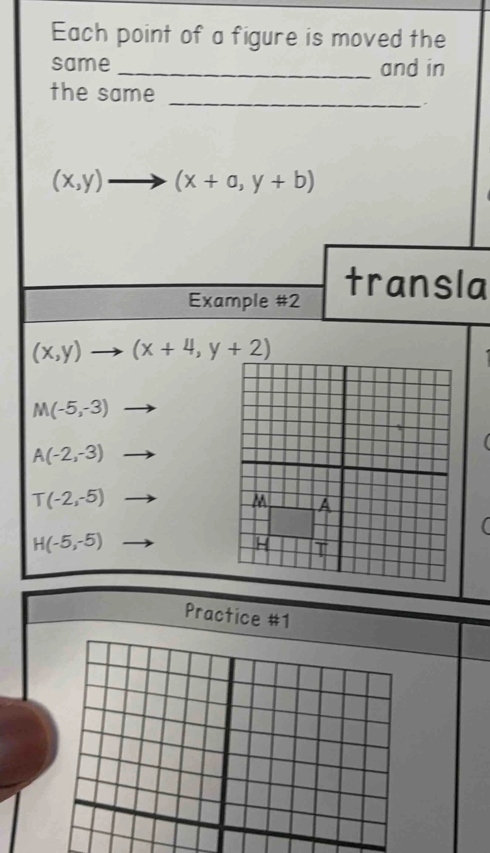 each point of a figure is moved the same ________________________ and i…