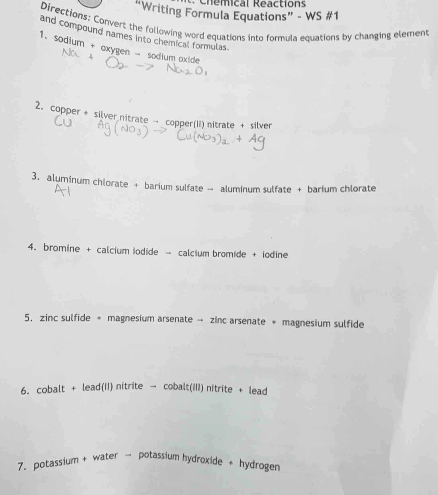 chemical reactions \writing formula equations\ - ws #1 directions: conv…