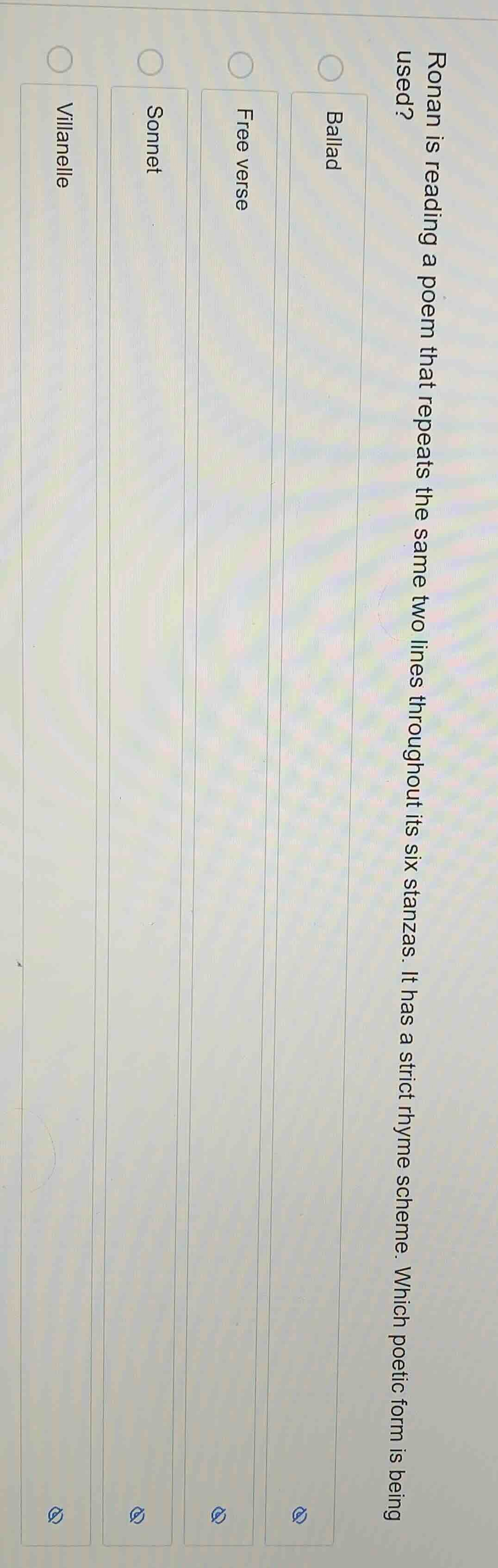 ronan is reading a poem that repeats the same two lines throughout its …