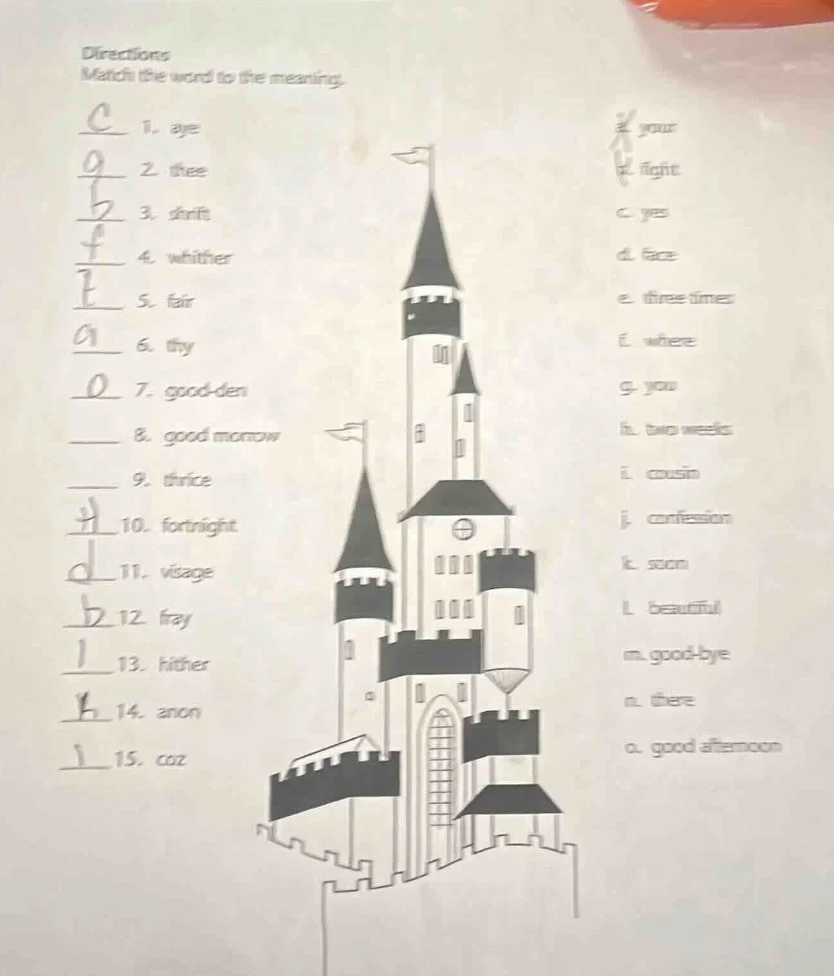 directions match the word to the meaning. ____ 1. aye \t\t\t a. your __…