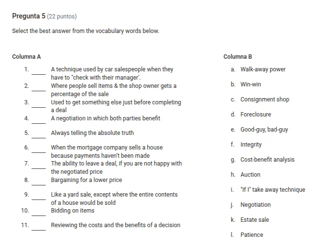 pregunta 5 (22 puntos) select the best answer from the vocabulary words…