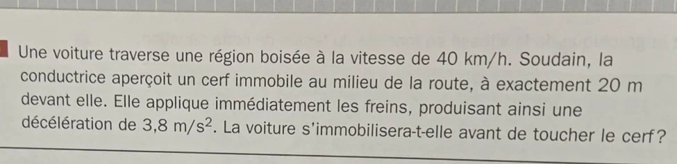 une voiture traverse une région boisée à la vitesse de 40 km/h. soudain…