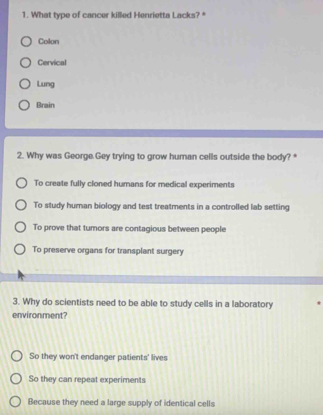 1. what type of cancer killed henrietta lacks? * colon cervical lung br…