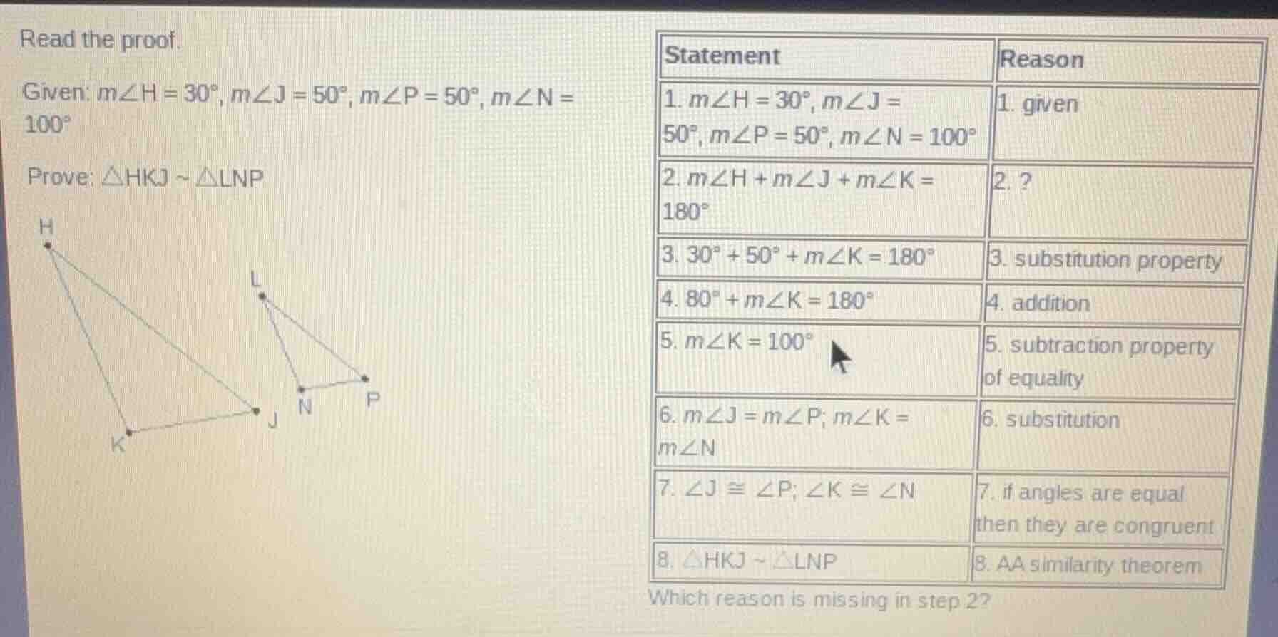 read the proof. given: ( mangle h = 30^circ ), ( mangle j = 50^circ ), …
