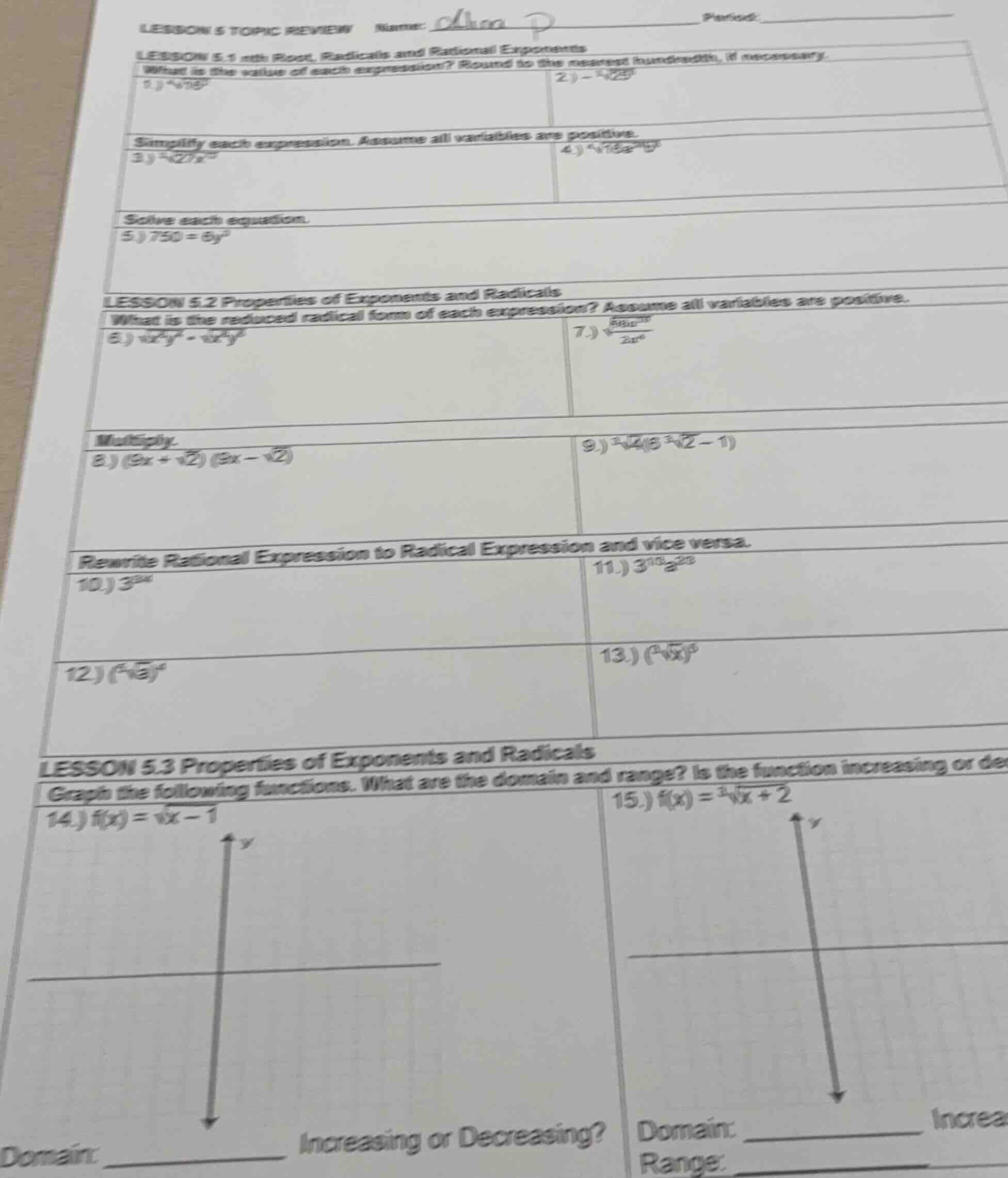 lesson 5 topic review name: period: lesson 5.1 nth root, radicals and r…