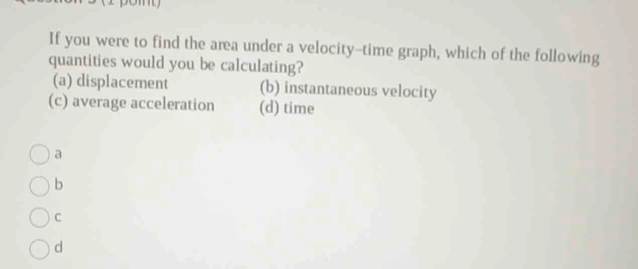 if you were to find the area under a velocity - time graph, which of th…