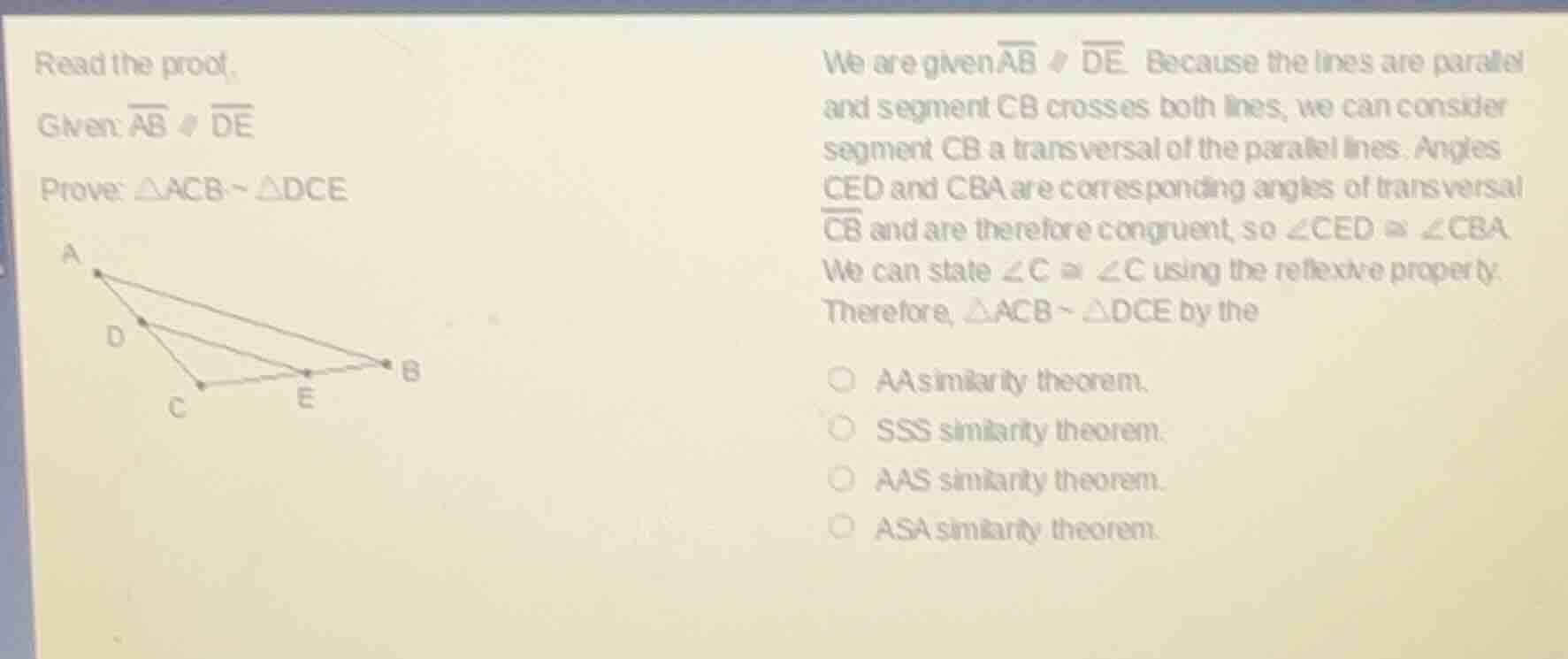 read the proof. given: $overline{ab} parallel overline{de}$ prove: $\tr…