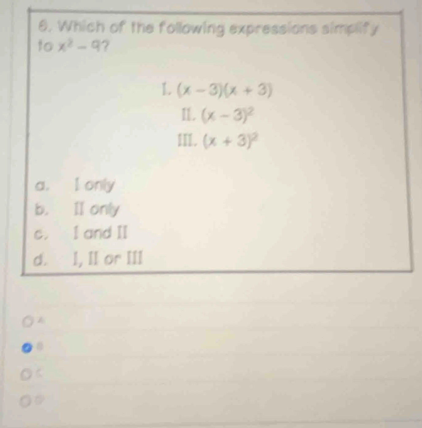 6. which of the following expressions simplify to $x^2 - 9$? i. $(x - 3…