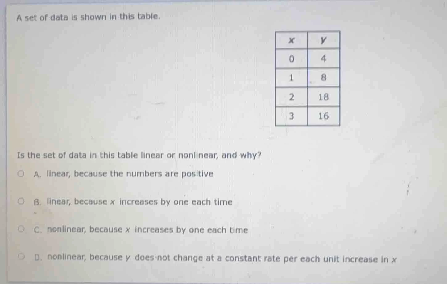 a set of data is shown in this table. x | y 0 | 4 1 | 8 2 | 18 3 | 16 i…