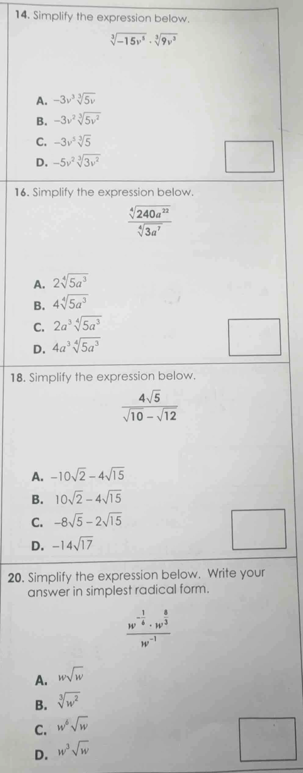 14. simplify the expression below. \\(\\sqrt3{-15v^5} \\cdot \\sqrt3{9v…