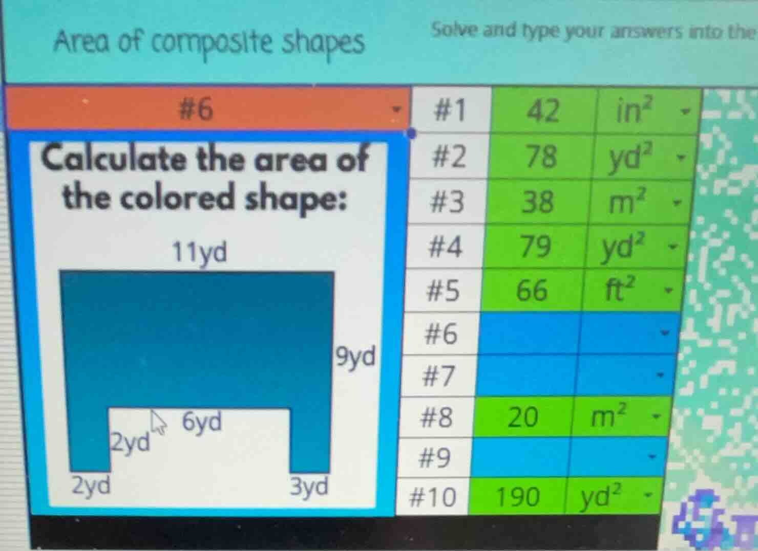 area of composite shapes solve and type your answers into the #6 calcul…
