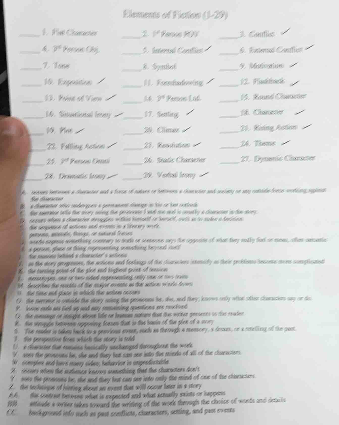 elements of fiction (1-29) _____ 1. flat character _____ 2. 1st person …