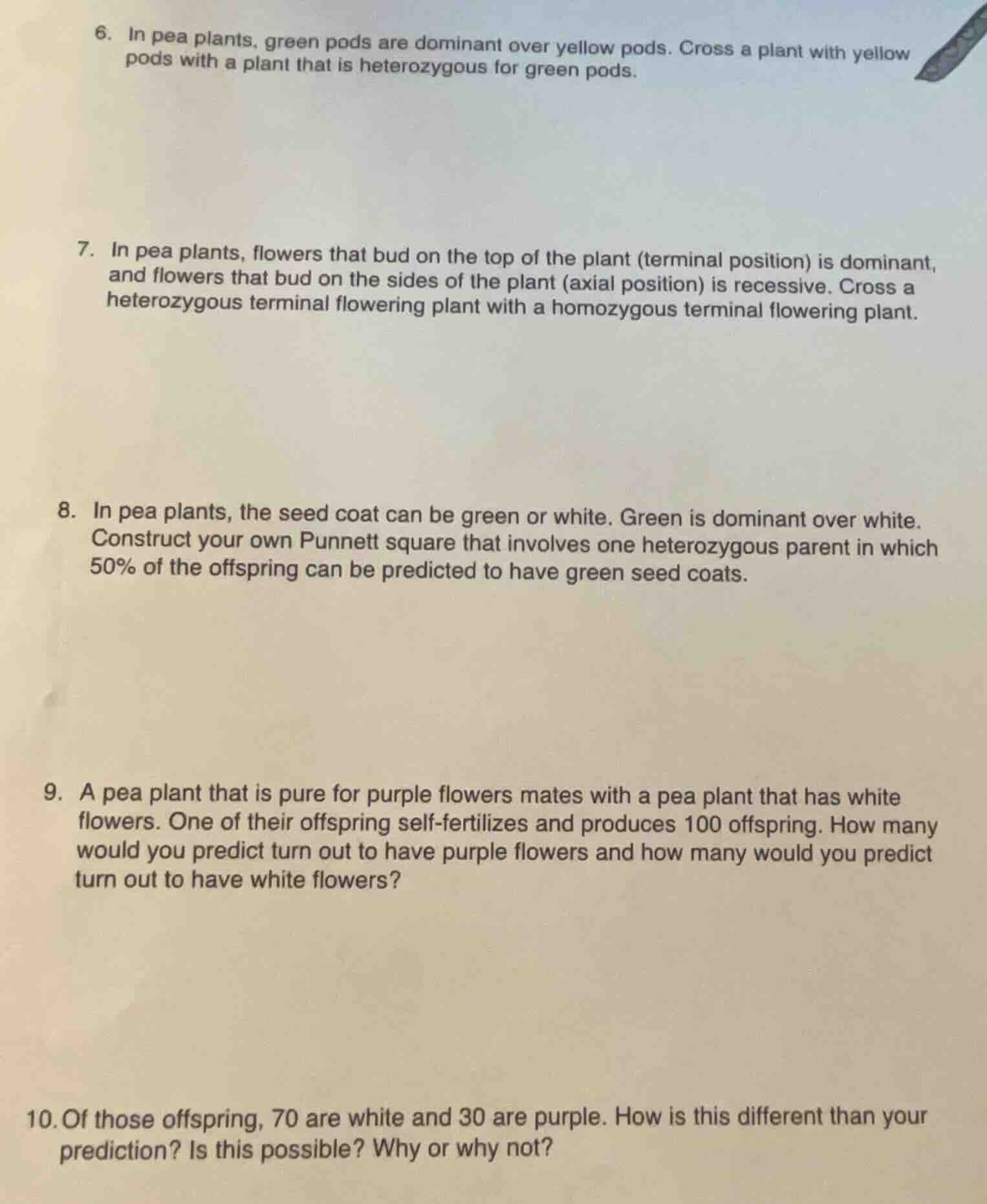 6. in pea plants, green pods are dominant over yellow pods. cross a pla…