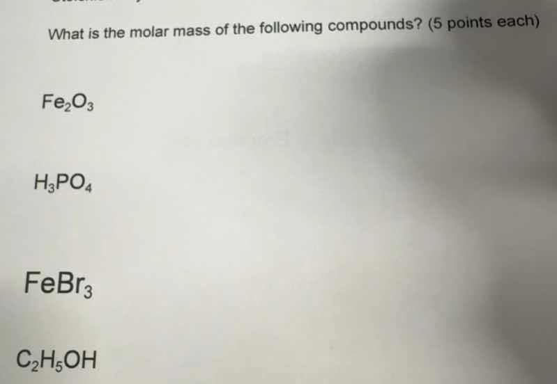 what is the molar mass of the following compounds? (5 points each) fe₂o…