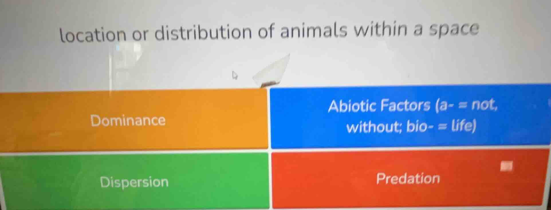location or distribution of animals within a space dominance abiotic fa…