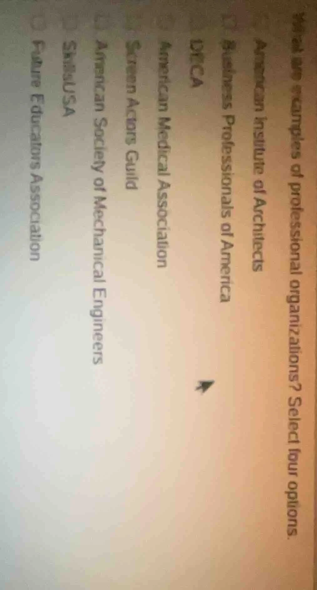 what are examples of professional organizations? select four options. a…