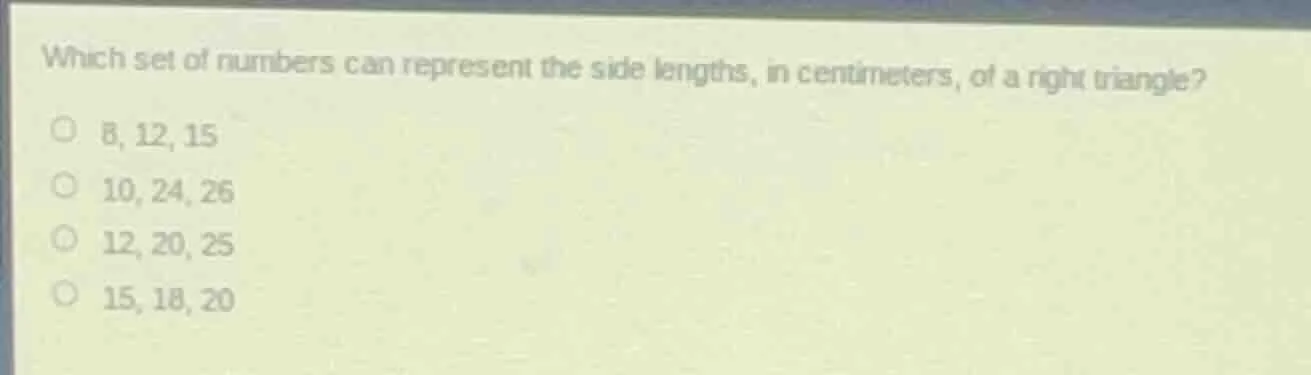 which set of numbers can represent the side lengths, in centimeters, of…