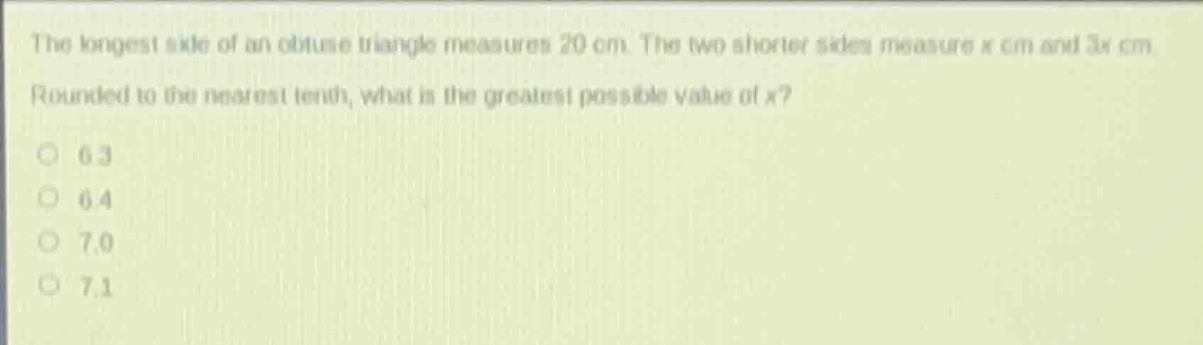 the longest side of an obtuse triangle measures 20 cm. the two shorter …