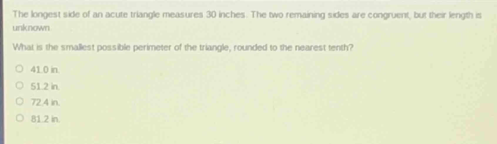 the longest side of an acute triangle measures 30 inches. the two remai…