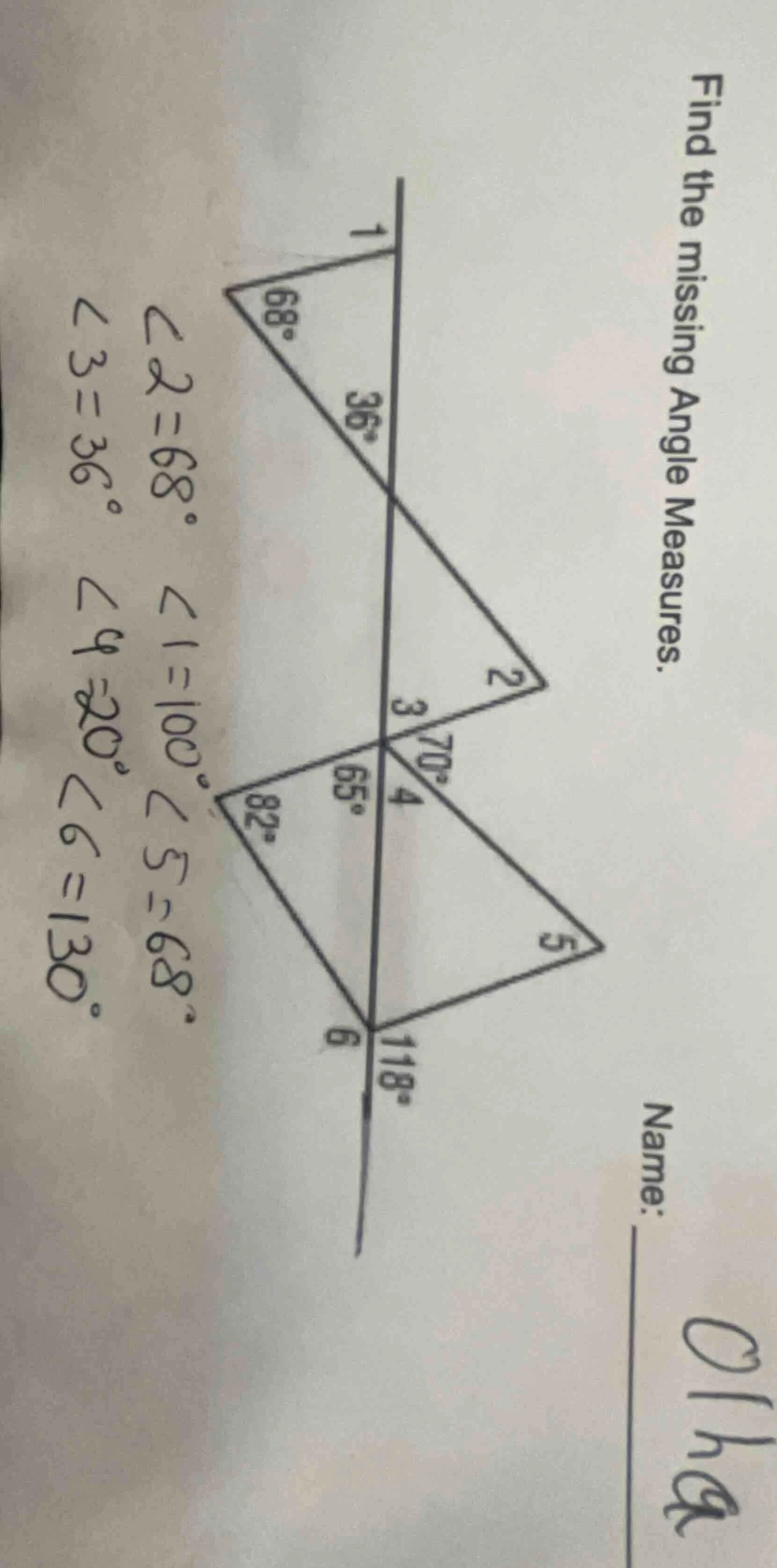 find the missing angle measures. name: ∠2 = 68° ∠3 = 36° ∠1 = 100° ∠4 =…