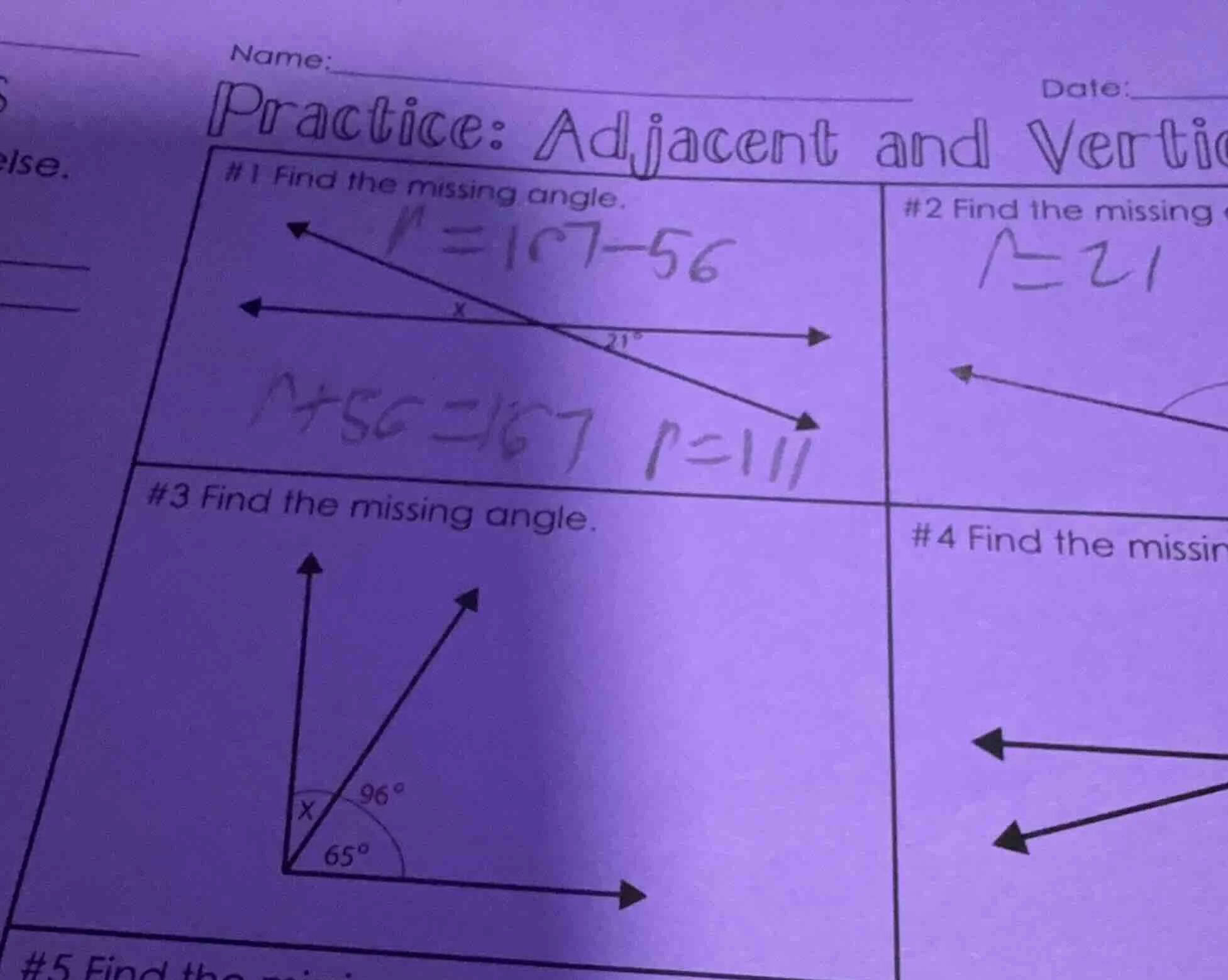name: date: practice: adjacent and verti #1 find the missing angle. #2 …