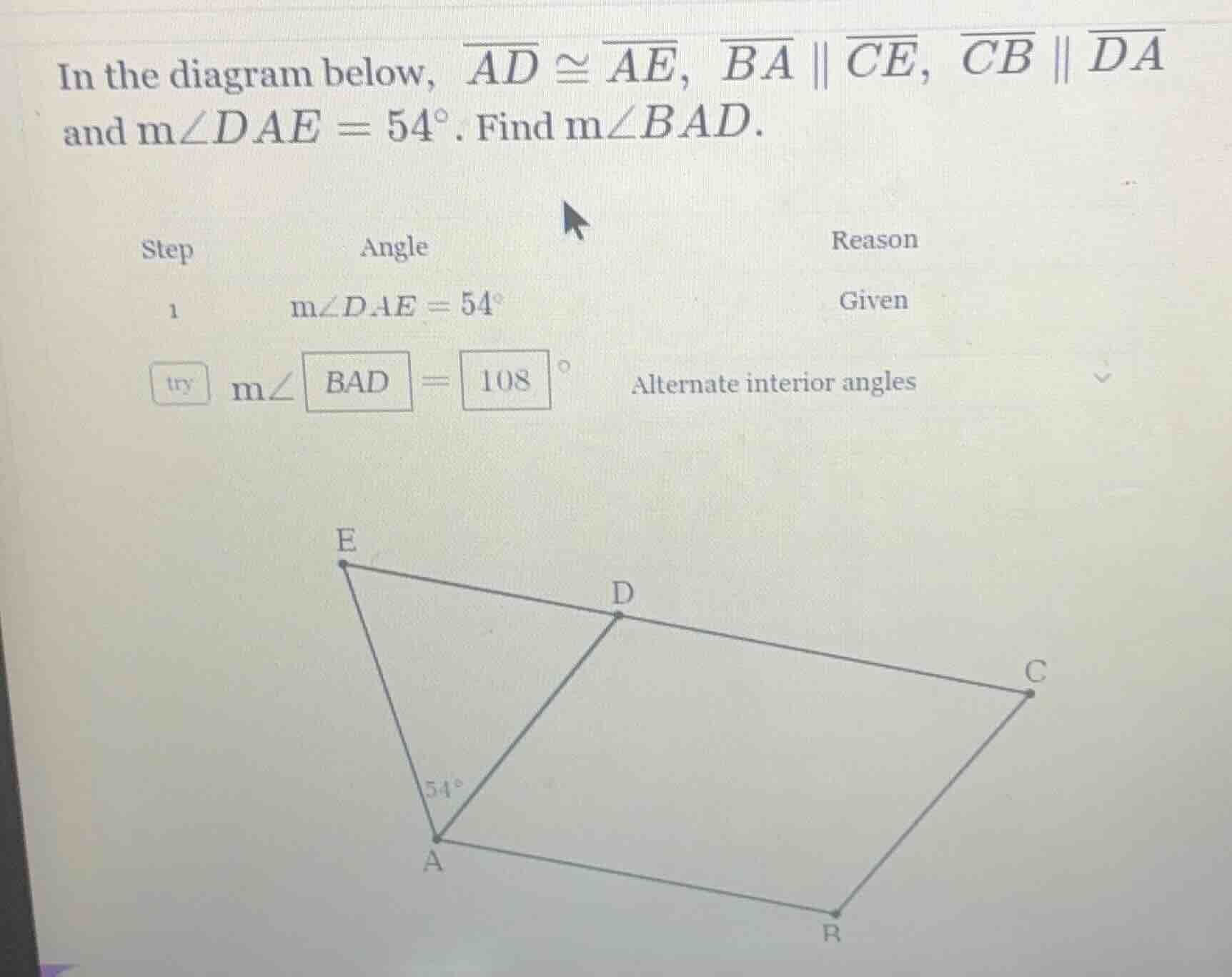 in the diagram below, \\(\\overline{ad} \\cong \\overline{ae}\\), \\(\\…