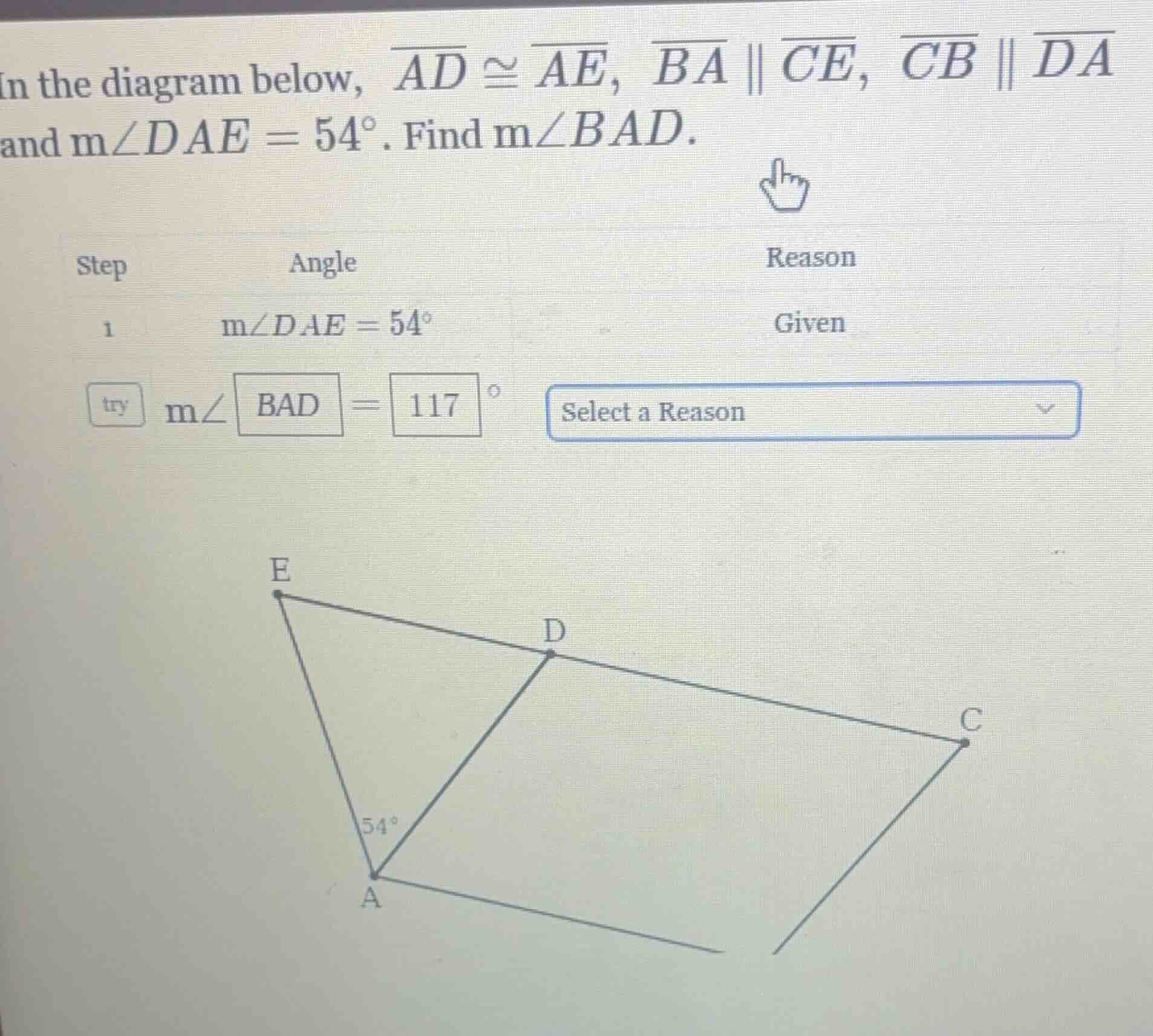 in the diagram below, \\(\\overline{ad} \\cong \\overline{ae}\\), \\(\\…
