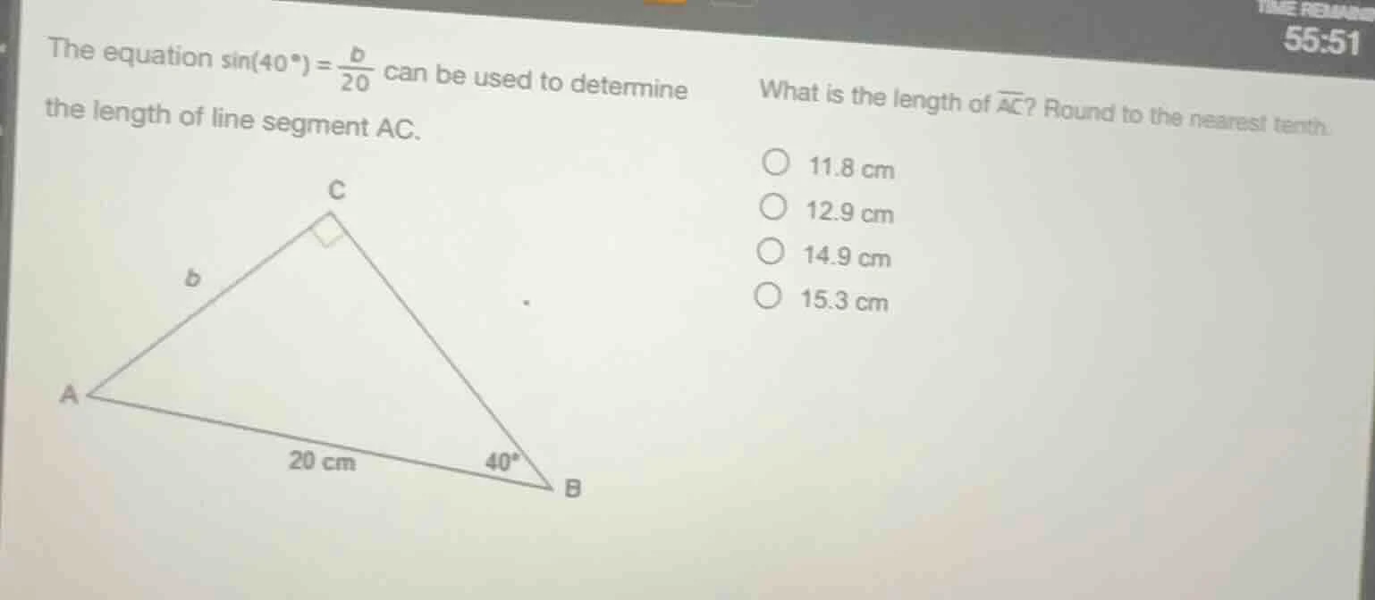 the equation \\(\\sin(40^\\circ) = \\frac{b}{20}\\) can be used to dete…