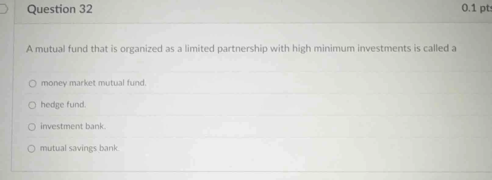 question 32 0.1 pts a mutual fund that is organized as a limited partne…