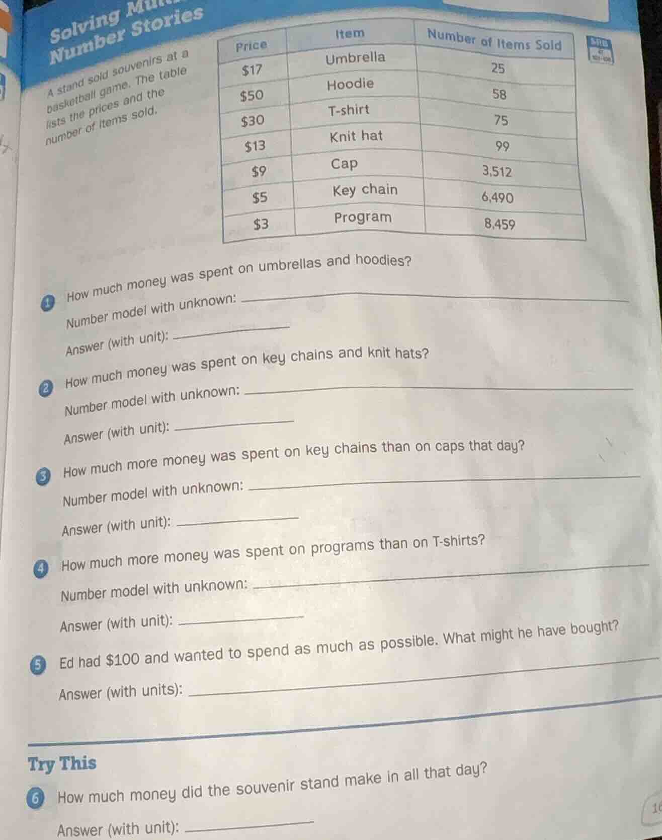 solving number stories a stand sold souvenirs at a basketball game. the…