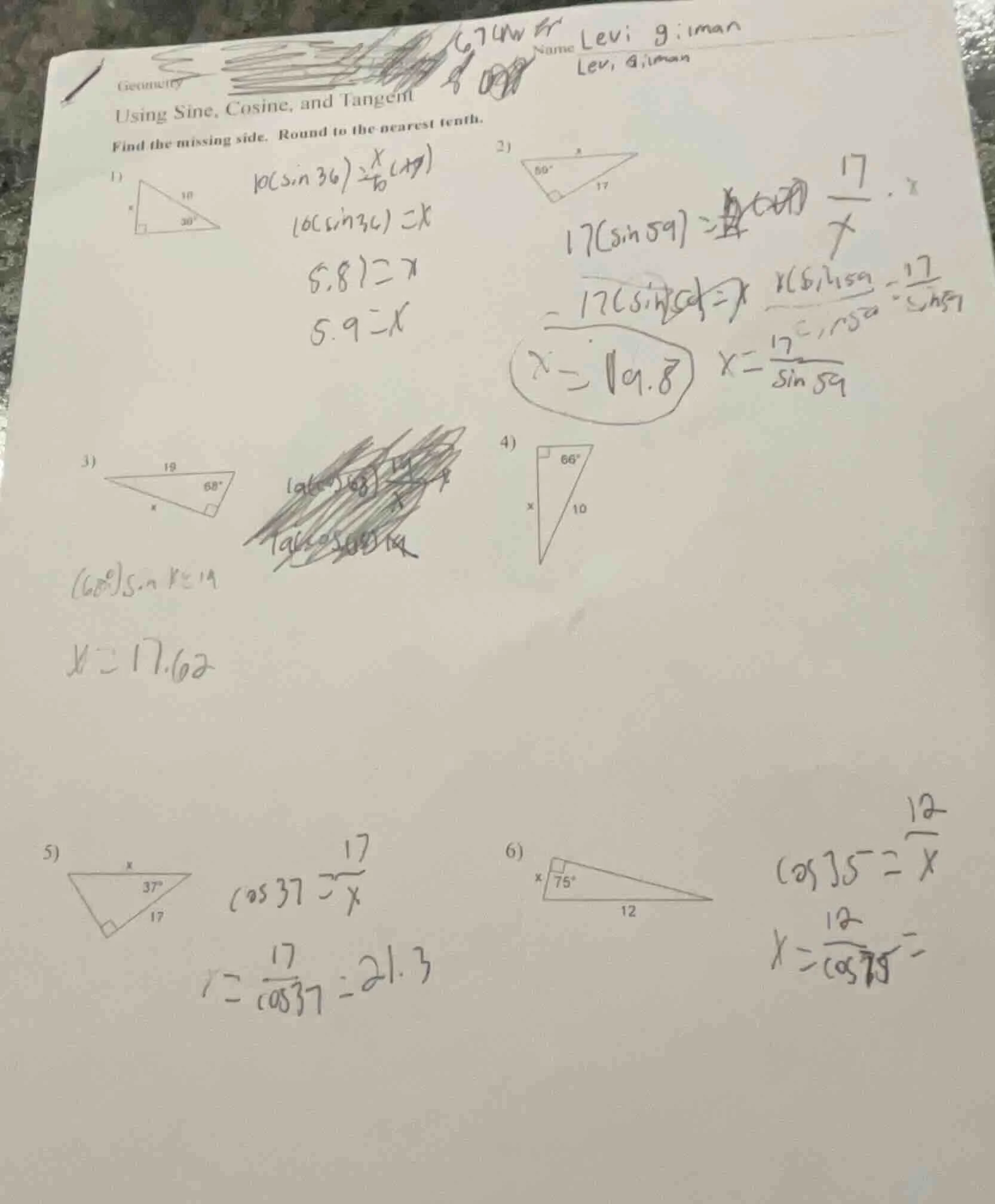 geometry using sine, cosine, and tangent find the missing side. round t…